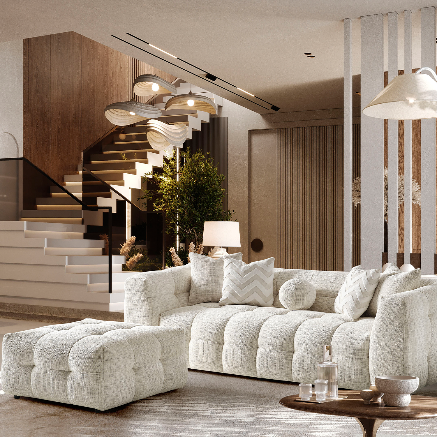 Amsterdam Üçlü Kanepe + Puf - Krem