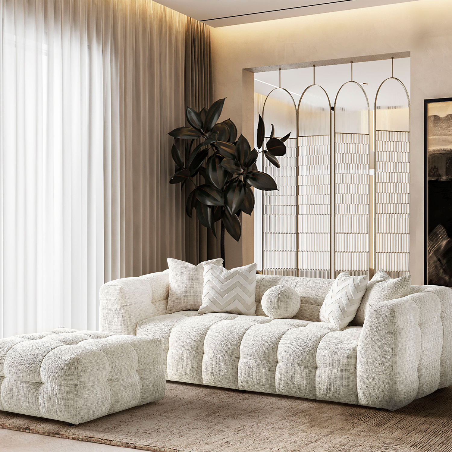 Amsterdam Üçlü Kanepe + Puf - Krem